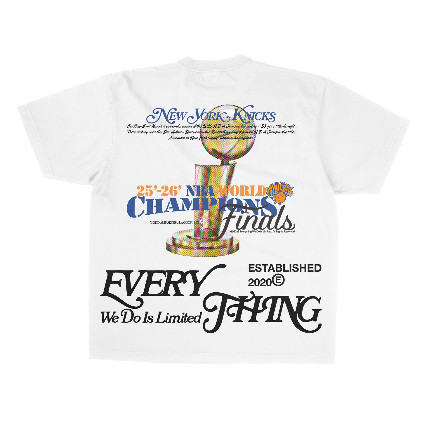 VINTAGE WHITE "25' - 26' NBA FINALS" NEW YORK KNICKS CHAMPIONS TEE [MADE TO ORDER]
